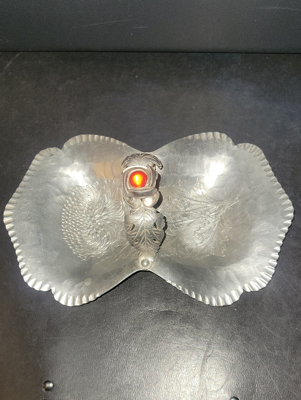 Ornate Silver-Tone Serving Dish with Central Handle